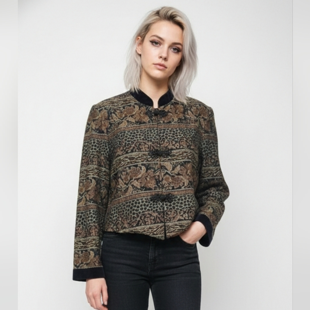 Vintage Jessica Howard Jacket Brown Floral Velvet Trim Goth 16